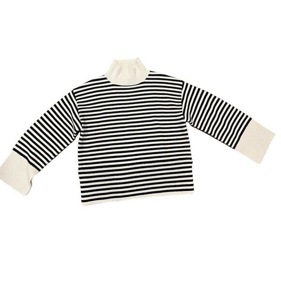 Women’s Wool Oversized Mock-Turtleneck Sweater Minimalist Black crean Striped M - Picture 5 of 10